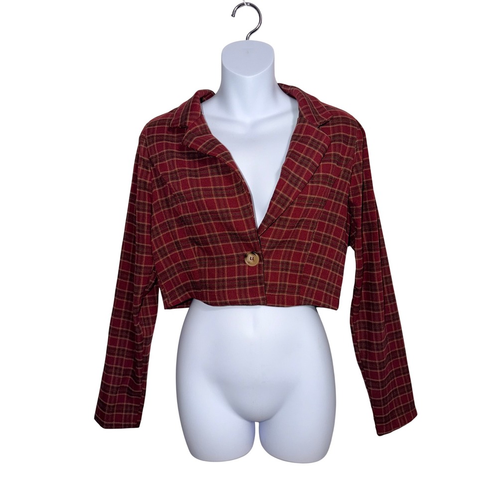 Hyfve Womens Red Plaid Cropped Single Button Blazer Top Small HF22F822